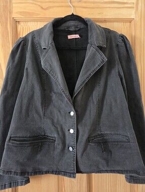 East Adeline Black Washed Denim Blazer Jacket Puff Shoulder Plus Size 1X Stretch
